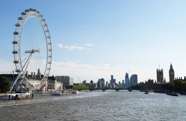 A view of the London skyline over the River Thames including the London Eye and the Houses of Parliament. London, UK - September 14, 2022:  A view of the London skyline along the River Thames including the London Eye and the Houses of Parliament. london county hall stock pictures, royalty-free photos & images