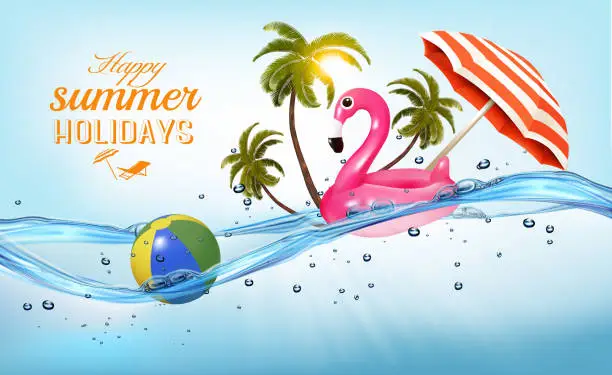 Vector illustration of Summer vacation background. with Travel items and flamingo on the sea. Vector.