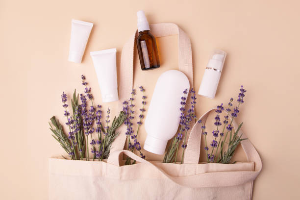 istock Open eco friendly cotton reusable bag with the different containers.Pastel colors.Natural lavender around.Concept of organic,zero waste cosmetics.Woman bag with accessories. 1424644908