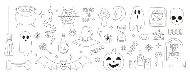 ilustraciones, imágenes clip art, dibujos animados e iconos de stock de un conjunto de elementos de línea para halloween. - halloween pumpkin jack olantern industry