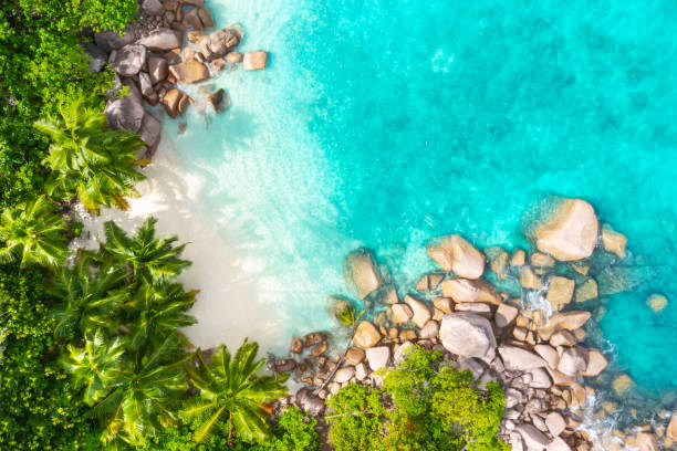 secret small beach in the bay of anse lazio beach, praslin, seychelles - flag of seychelles imagens e fotografias de stock