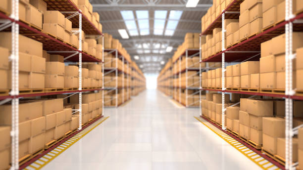 istock Warehouse hall with boxes and orders. Industrial interior of the hall with lighting. Logistics distribution industrial interior with gates. The work of the marketplace. Distribution center 1424650815