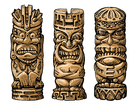 Tiki tribal wooden mask set. Hawaiian traditional elements isolated on white background. Colored vector illustration