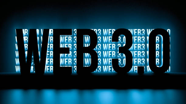 The WEB 3.0 dark silhouette against the background of neon inscriptions WEB 3.0 and WEB3. The concept of the development of Internet technologies WEB 3.0. 3D render.