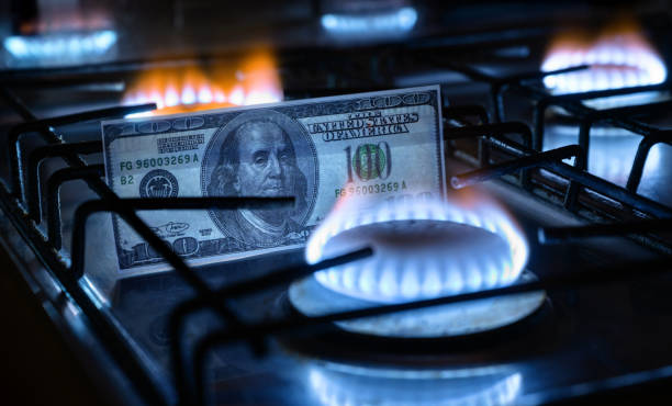 Gas burners and US dollar bill, USA money on home gas stove stock photo