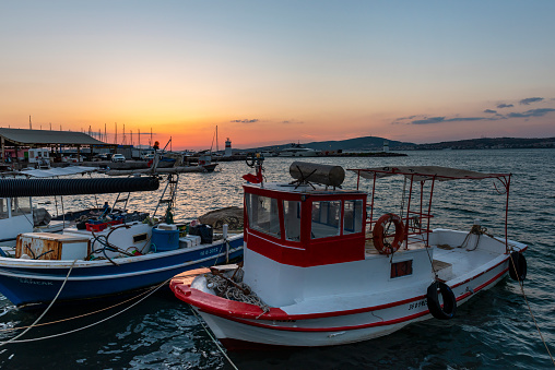 Ayvalik District of Balikesir, Turkey. Beautiful seaside town on the Aegean. Sunset view in Ayvalik.