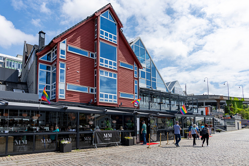 Haugesund Harbour and harbour side buildings, Norway.  This is one of the restaurants on the harbourside.