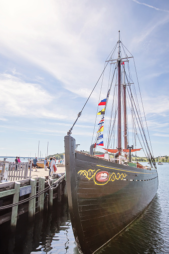 Lunenburg, Canada - August 29, 2022. The Theresa E. Connor, a traditional dory schooner built in Lunenburg in 1937, sits at the pier on exhibit near the Fisheries Museum of the Atlantic.