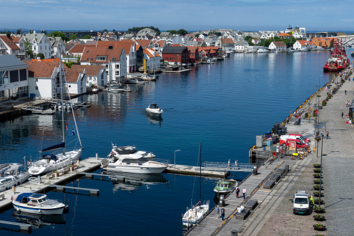 Haugesund Harbour and harbour side buildings, Norway.