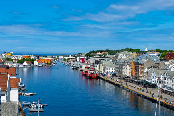 Haugesund Harbour and harbour side buildings, Norway. stock photo