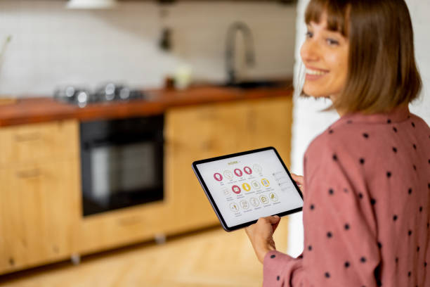 istock Woman controls home devices with a digital tablet at home 1424660291