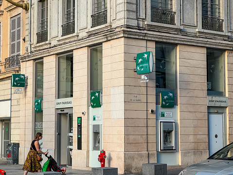 Lyon, France- August 29,2022:  The branch of BNP Paribas group in Lyon, France.BNP Paribas is the second largest banking group in Europe, and ninth largest Banking group in the world.