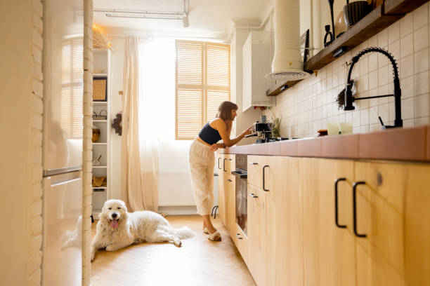 istock Woman with dog in modern and stylish kitchen 1424663287