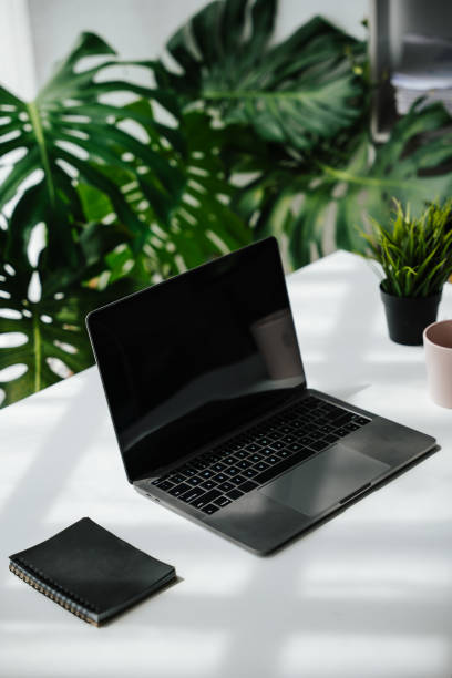 istock Laptop, note book and a cup on work desk in workplace with ornamental plant. 1424664726
