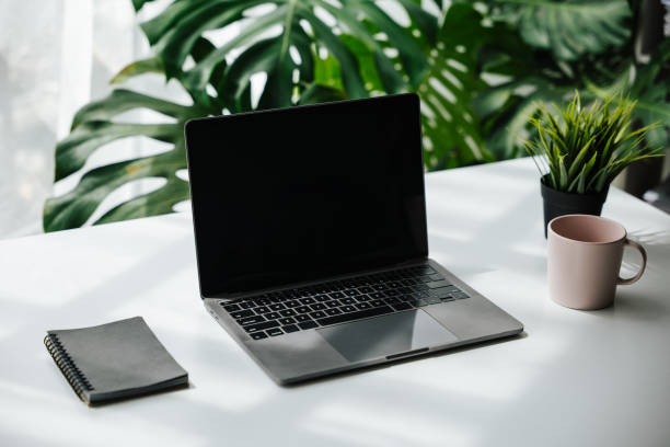 istock Laptop, note book and a cup on work desk in workplace with ornamental plant. 1424665723