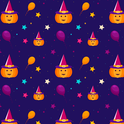 Halloween pattern with stars, balloons, pumpkin, witch hat