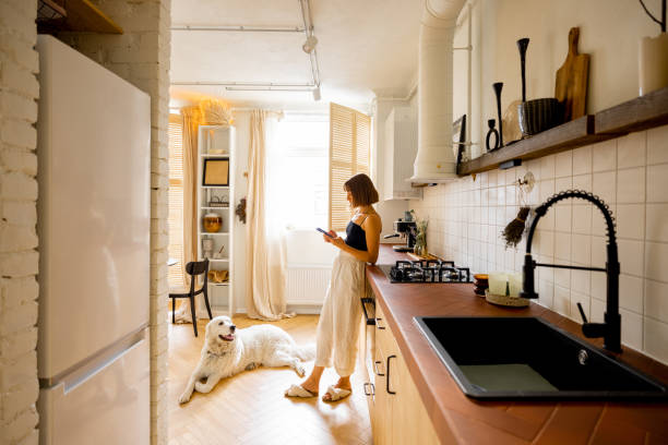 istock Woman with dog in modern and stylish kitchen 1424668574