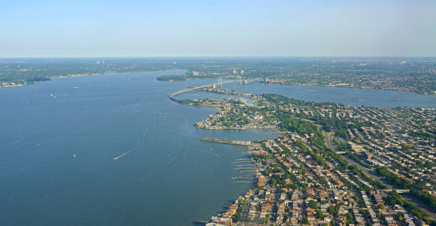 istock Summer landscape. Throgs Neck Expressway and Throgs Neck Bridge, suspension bridge in New York City 1424668986