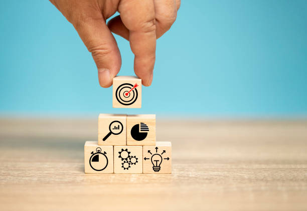 istock man hold a wooden block with a business icon. planning guidelines Priority of work, work plan, concept of extension business and development. 1424671458