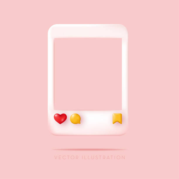 istock Social media photo frame with heart love button, sending messages, save icons. Vector illustration in minimal 3D style 1424673818