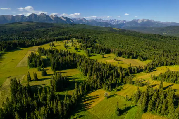 Natural landscape in tatra Mountains, Podhale region in Poland. Drone view at summer.