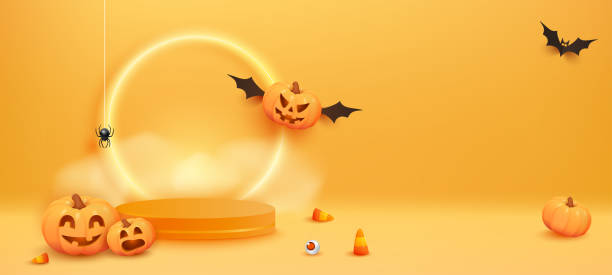 ilustrações, clipart, desenhos animados e ícones de fundo de halloween laranja com abóboras, aranha, morcego, doces e luzes. abóbora voa ao redor da plataforma. pódio realista do palco de design 3d, estúdio redondo - bat halloween spider web spooky