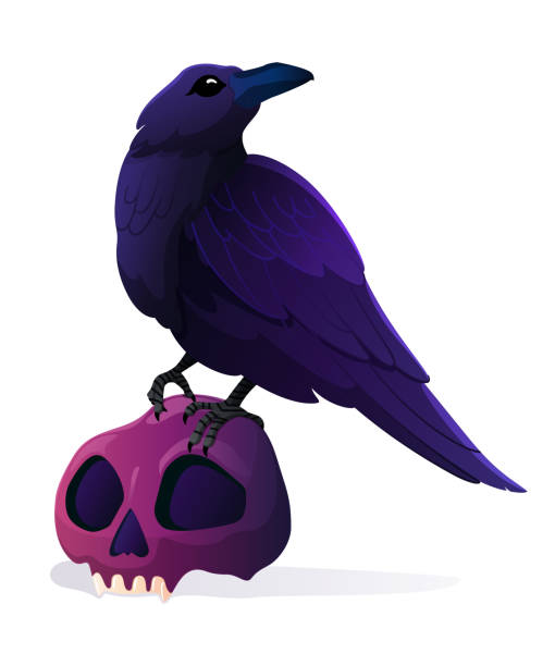 istock A black raven stands on a cat's skull. Gloomy Halloween bird for decoration. 1424682592