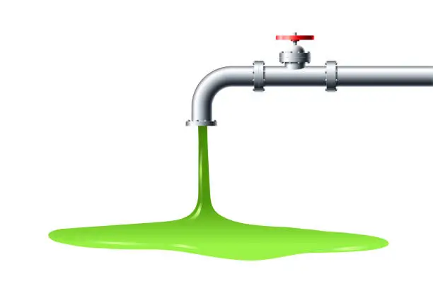 Vector illustration of Green radioactive liquid and toxic waste flows out of the steel pipe vector illustration