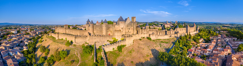 Medieval castle town of Carcassone at sunset, France