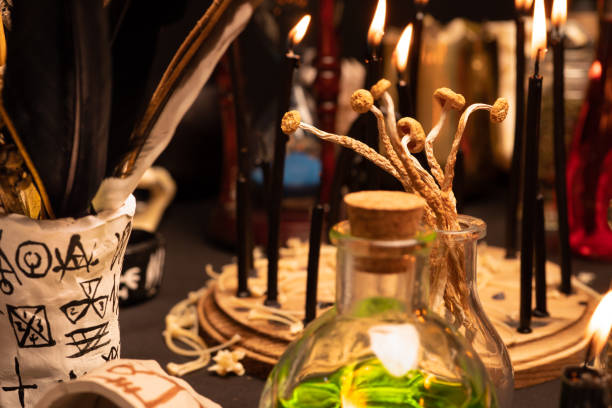 istock Witchy table arranged with witch craft magic items. Selective focus magic mushrooms. Still life with black magic candles, ritual dry weeds, animals bones and green potion vial. Halloween concept. 1424685544