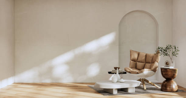 istock Armchair onEmpty room wabi sabi style. 3D illustration rendering 1424686350