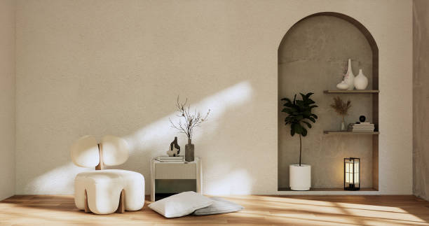 istock Armchair onEmpty room wabi sabi style. 3D illustration rendering 1424686388