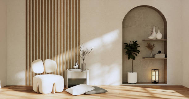 istock Armchair onEmpty room wabi sabi style. 3D illustration rendering 1424686401