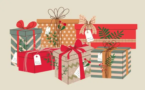 Vector illustration of Pile of Christmas presents in wrapping paper with ribbon and bows.