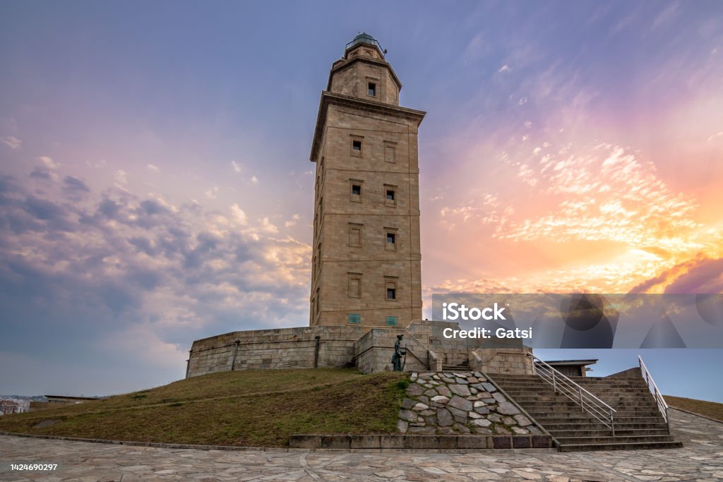 Tower of Hercules, the almost 1900 years old and rehabilitated in 1791, 55 metres tall structure is the oldest Roman lighthouse in use today and overlooks the Atlantic coast of Spain from A Coruna. Hercules - Mythological Character Stock Photo