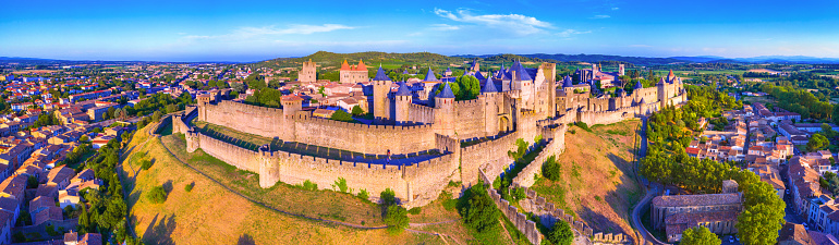 Carcassonne, France - December 08, 2017: Medieval citadel of Carcassonne. Carcassonne is in the Aude department and chief town of the Languedoc-Roussillon region in the south-west France. Its historic center consists of a walled medieval citadel protected by UNESCO since 1997.