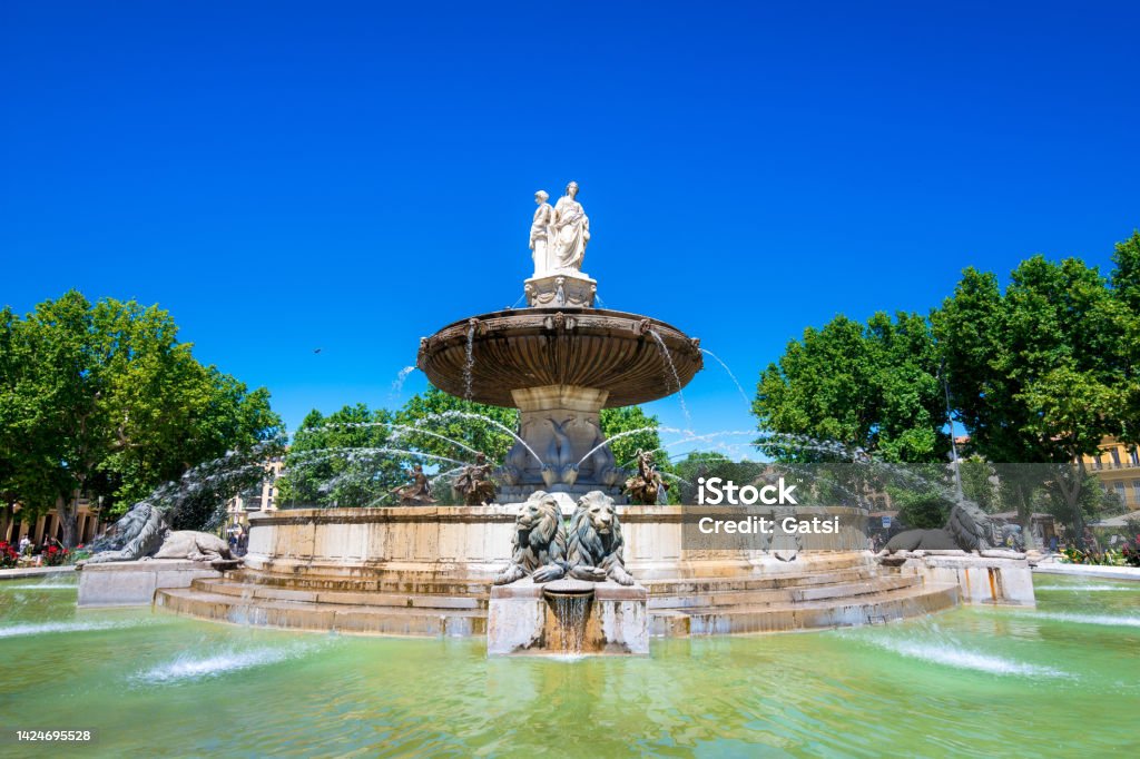 The Fontain de la Rotonde with three sculptures of female figures presenting Justice in Aix-en-Provence, France Famous Place Stock Photo