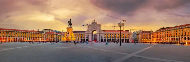 Photo of Commerce Square panorama (Praca do Comercio) with statue of of King Jose I in Lisbon, Portugal
