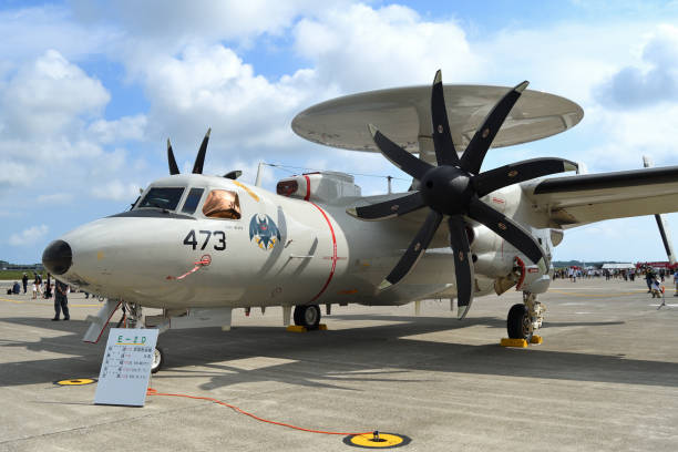 Japan Air Self-Defense Force Northrop Grumman E-2D Advanced Hawkeye airborne early warning (AEW) aircraft. Aomori Prefecture, Japan - September 11, 2022:Japan Air Self-Defense Force Northrop Grumman E-2D Advanced Hawkeye airborne early warning (AEW) aircraft. misawa japan stock pictures, royalty-free photos & images