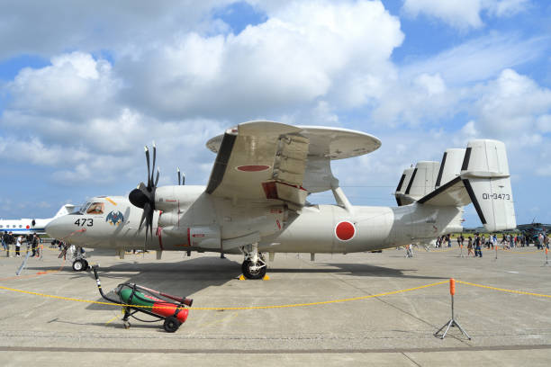 Japan Air Self-Defense Force Northrop Grumman E-2D Advanced Hawkeye airborne early warning (AEW) aircraft. Aomori Prefecture, Japan - September 11, 2022:Japan Air Self-Defense Force Northrop Grumman E-2D Advanced Hawkeye airborne early warning (AEW) aircraft. misawa japan stock pictures, royalty-free photos & images