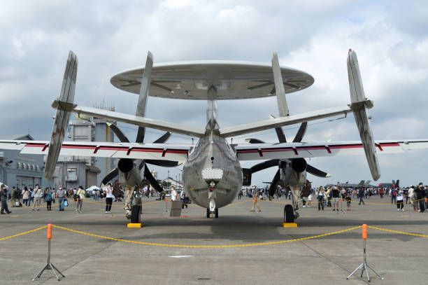 Japan Air Self-Defense Force Northrop Grumman E-2D Advanced Hawkeye airborne early warning (AEW) aircraft. Aomori Prefecture, Japan - September 11, 2022:Japan Air Self-Defense Force Northrop Grumman E-2D Advanced Hawkeye airborne early warning (AEW) aircraft. misawa japan stock pictures, royalty-free photos & images