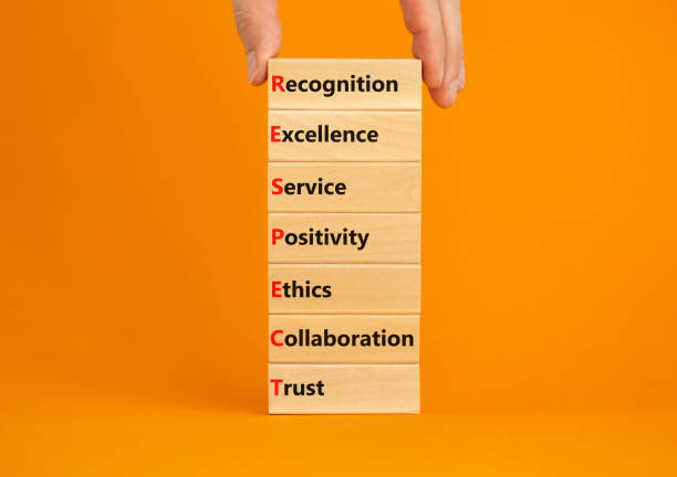 istock RESPECT symbol. Blocks with abbreviation RESPECT - recognition excellent service positivity ethics collaboration trust. Orange background, copy space. Businessman hand. Business RESPECT concept. 1424697074