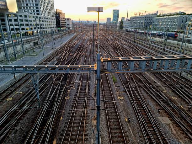 Railway tracks at sunset stock photo