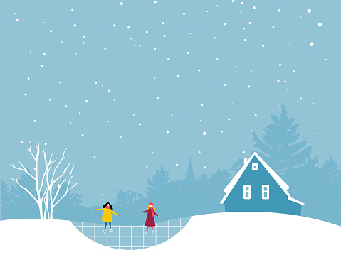 Two girls skating on ice rink. Winter landcsape flat illustration with trees and small house cabin.