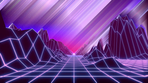 istock 80s retro background 3d render. Retrowave low poly landscape with neon lights 1424708537