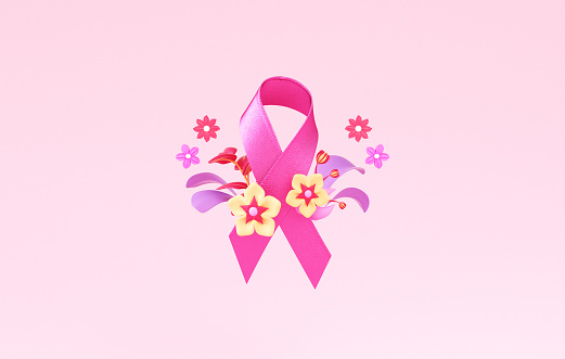 A pink ribbon with flowers and copy space for Breast Cancer Awareness Month and World Cancer Day banner background design in 3D illustration