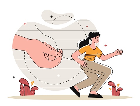 Personnel retention concept. Big hand keeps young girl from leaving. Employer does not allow to break contract, deal. Manipulation, employee or worker and boss. Cartoon flat vector illustration