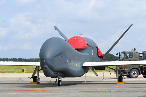 Aomori Prefecture, Japan - September 11, 2022:Japan Air Self-Defense Force Northrop Grumman RQ-4B Global Hawk unmanned surveillance aircraft.