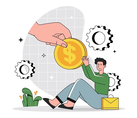 Incentive program concept. Man receives dollars, financial assistance from state. Support for population in crisis, unemployed. Poster or banner for website. Cartoon flat vector illustration