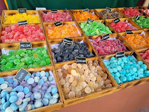 Handmade sweets from fruits in a street market